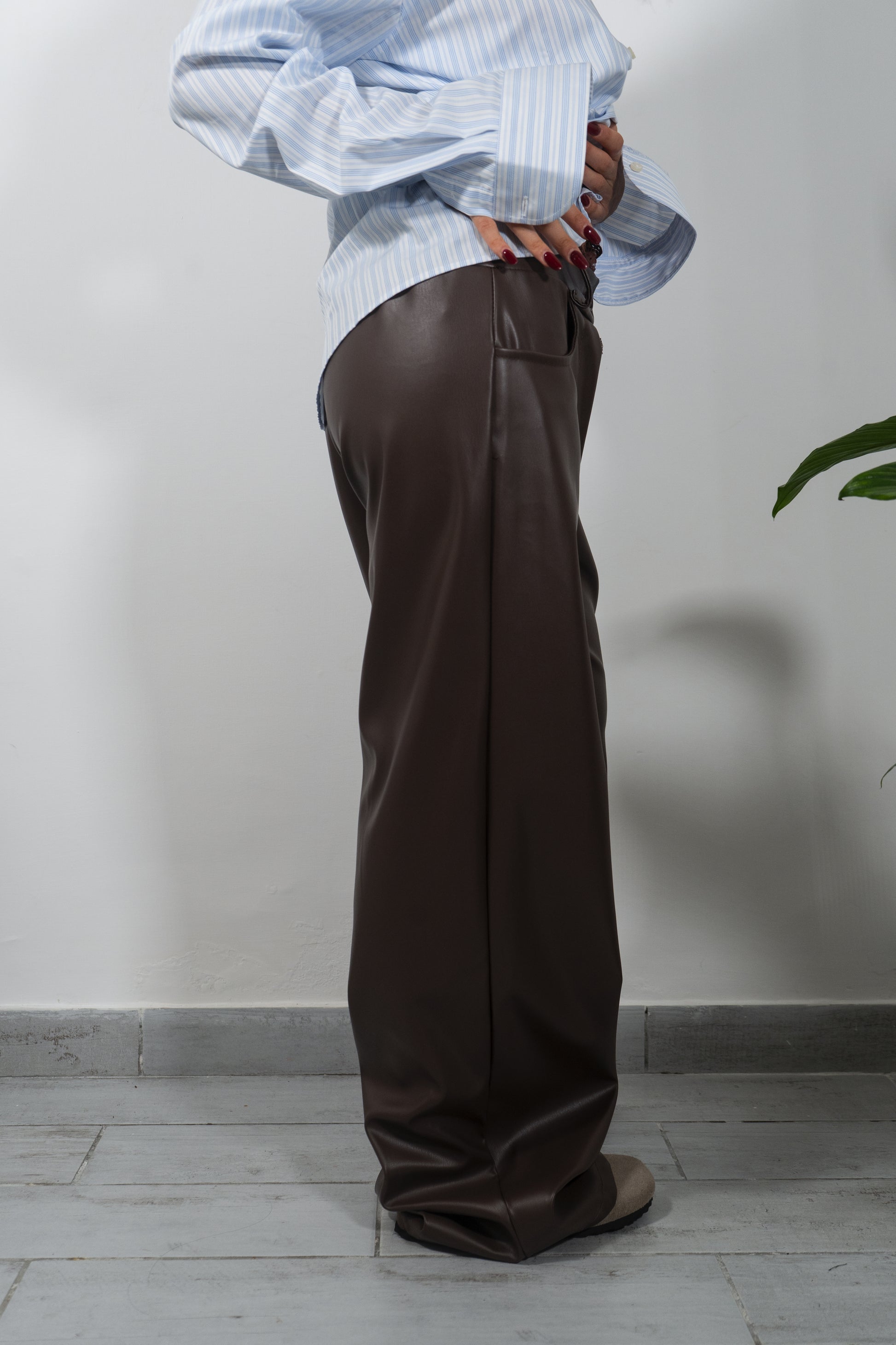 Embroidered faux leather trousers