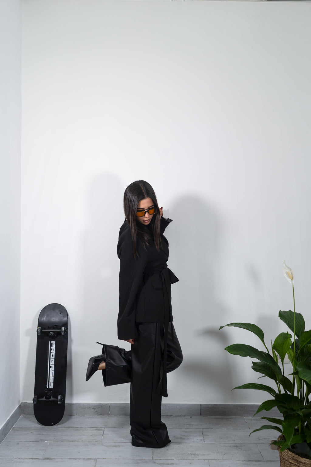 Embroidered faux leather trousers