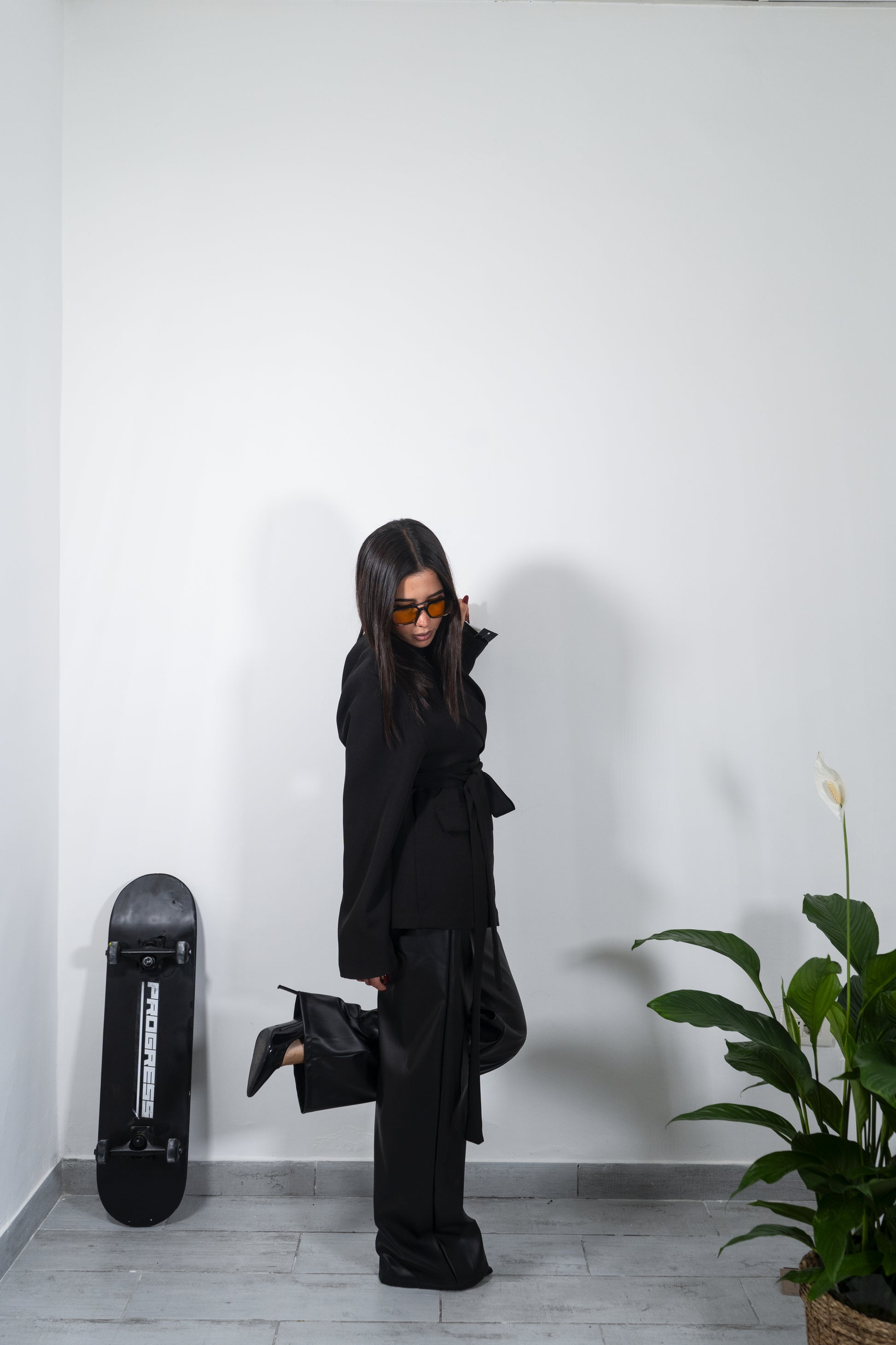 Embroidered faux leather trousers